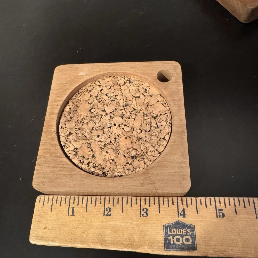 Vintage Wood & Cork Hanging Coasters 4x4 in Square Mid Century Modern‎ Set Of 6